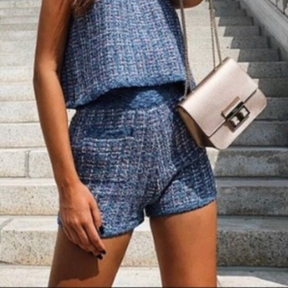 New Zara Tweed Knit High Waist Blue Metallic Chanel Style Shorts NWT Size Small - Picture 1 of 17